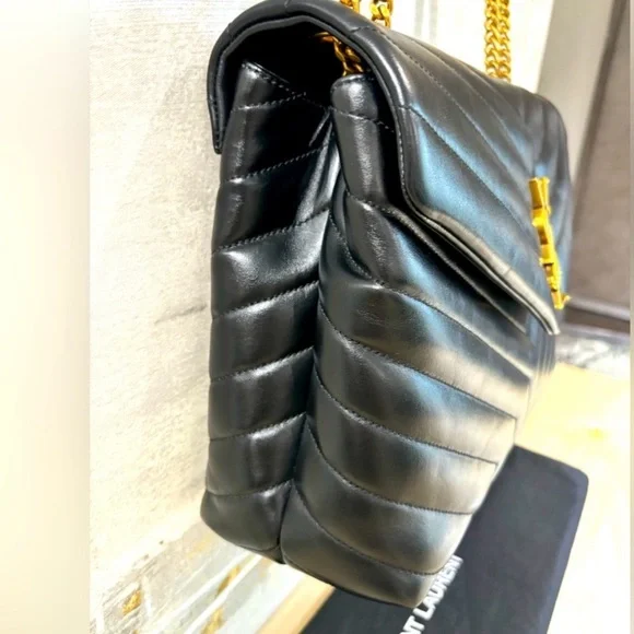 YSL Saint Lauren Loulou Medium Quilted Chevron Bag Black/Gold - Picture 8 of 17